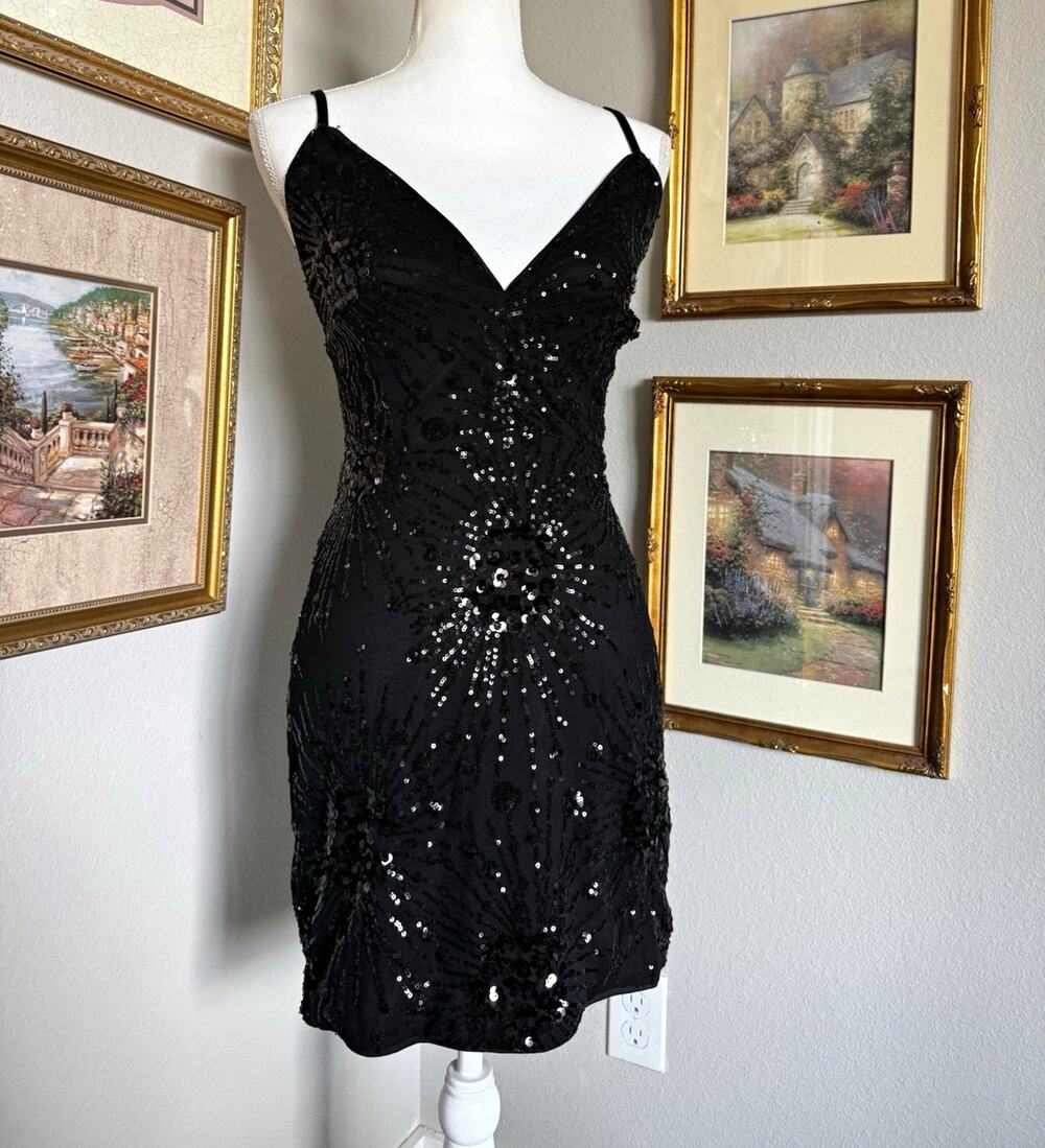Black Sequin V-Neck Backless Strappy Bodycon Mini Dress Size S